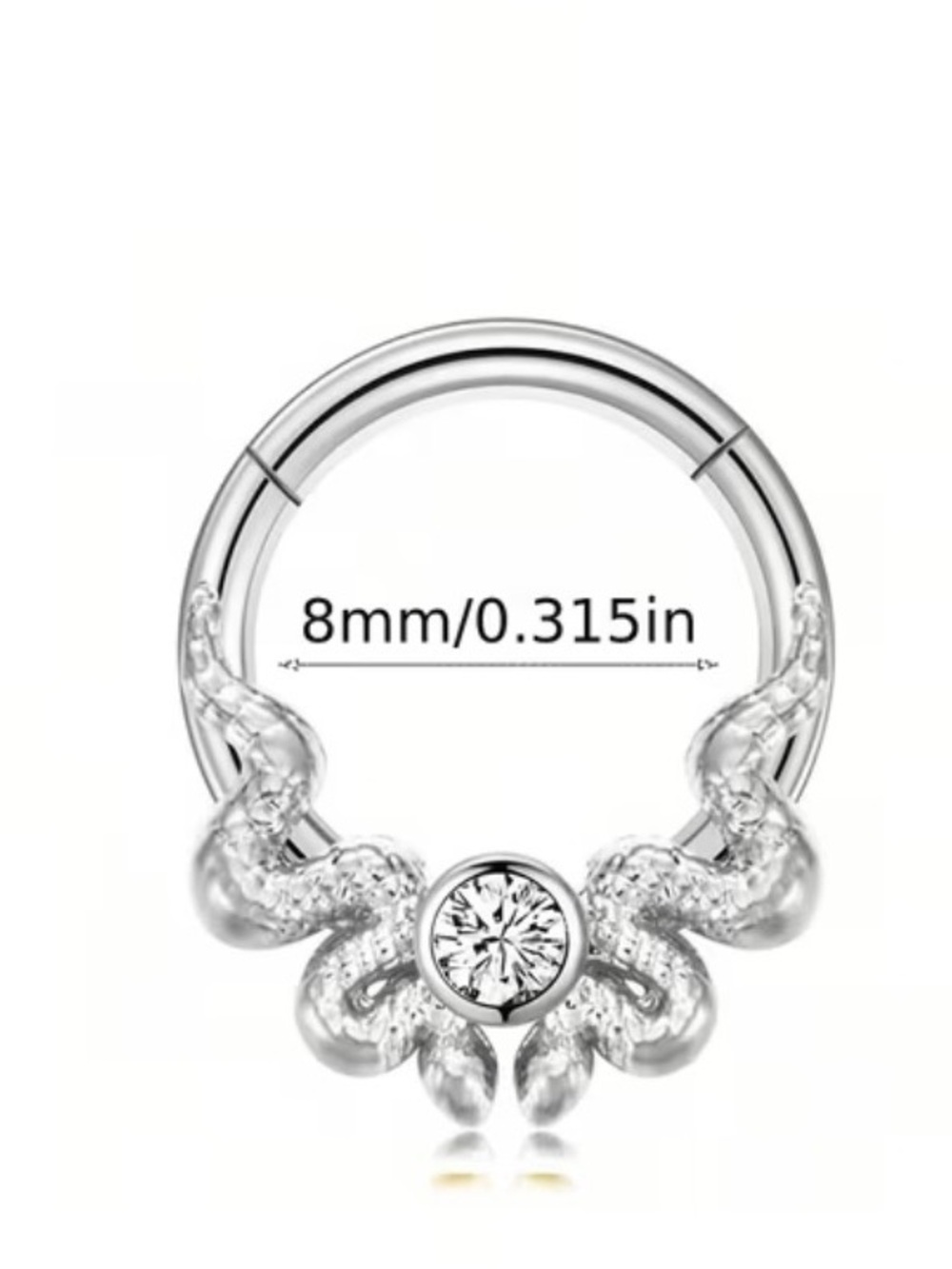 16 gauge Silver Tone Faux Crystal Snakes Septum Clicker Ring - 8mm